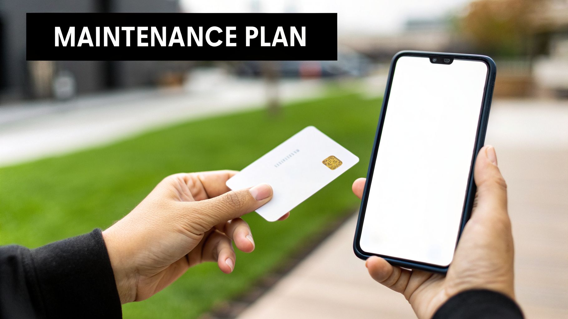 Hands holding a white credit card and a smartphone with a blank screen, featuring 'MAINTENANCE PLAN' text.