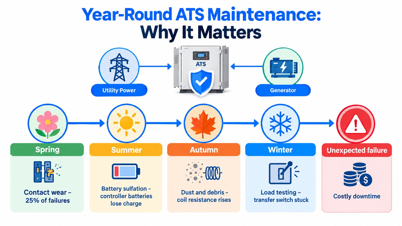 An infographic illustrating the importance of year-round automatic transfer switch maintenance to prevent seasonal equipment failures.