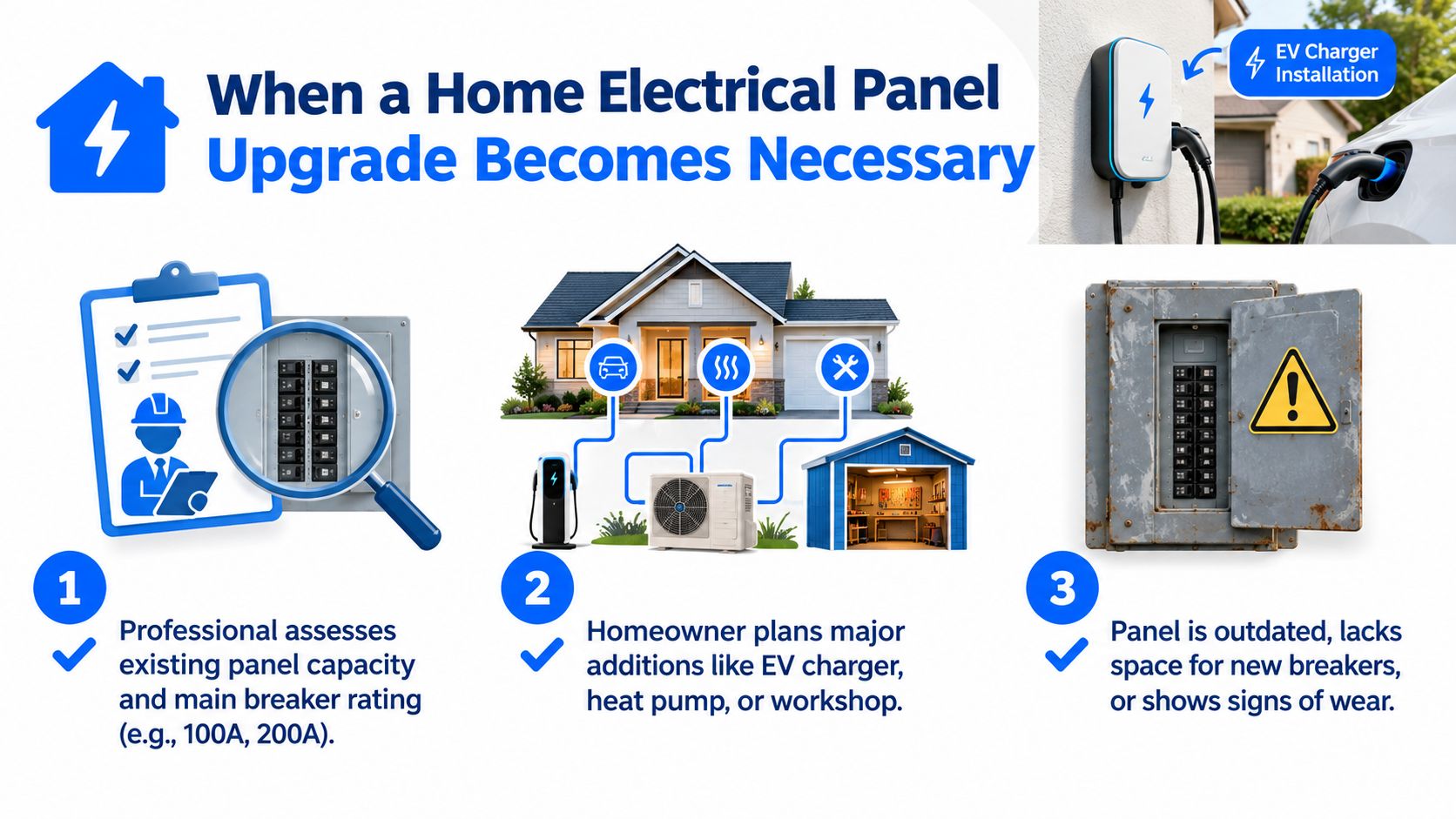 An infographic showing three scenarios that indicate when a home electrical panel upgrade becomes necessary.