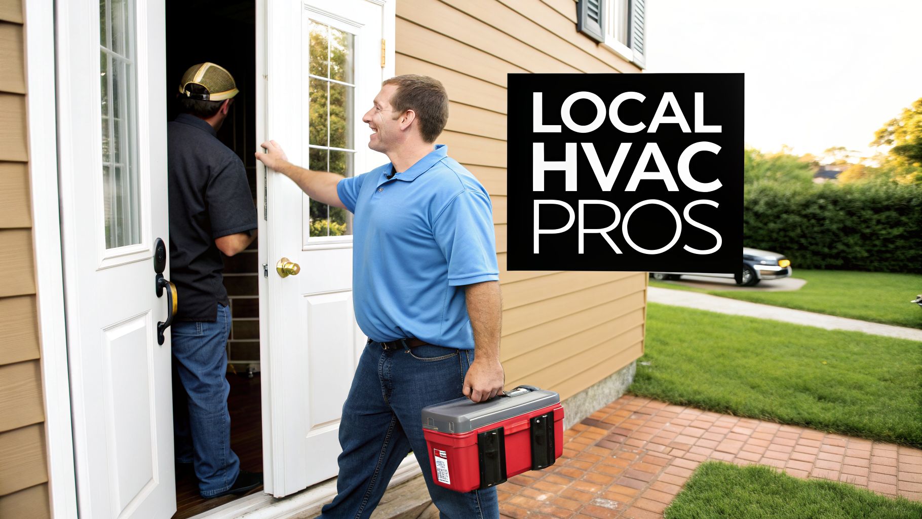 A smiling HVAC technician holding a toolbox at a customer's open front door.
