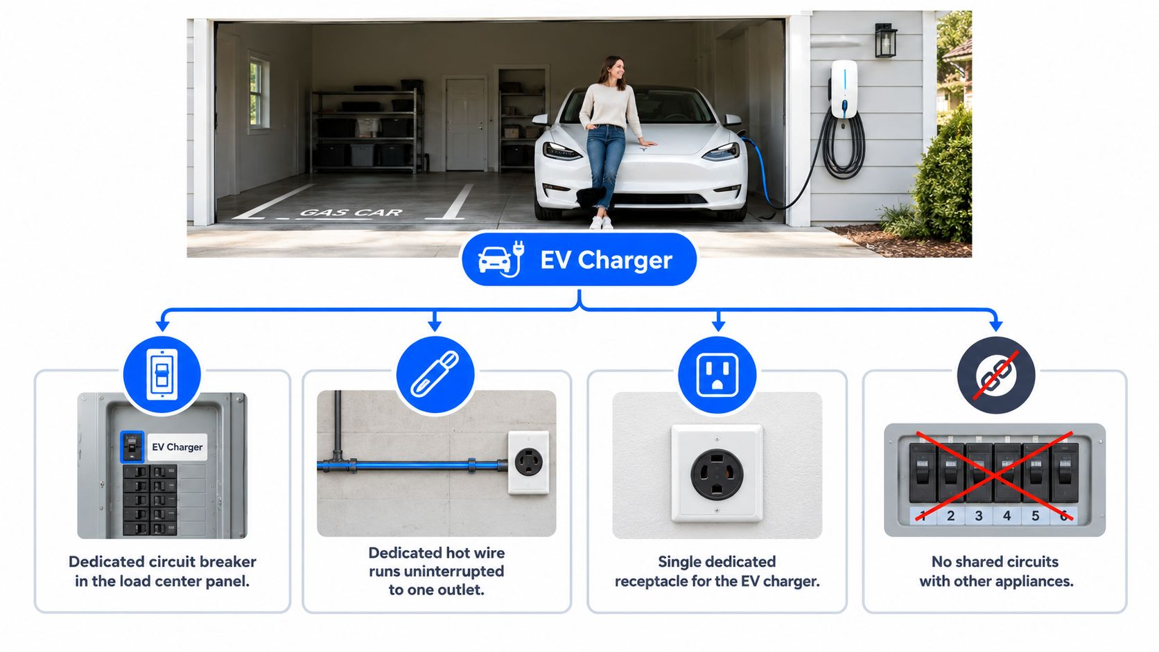 An infographic showing the requirements for installing a dedicated circuit breaker for an electric vehicle charger.