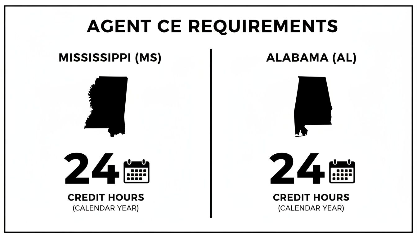 mississippi alabama ce requirements Mississippi Alabama Insurance A Strategic Comparison For Agencies In the end, whether you're expanding into a neighboring state or just trying to optimize your current operations, success hinges on recognizing these differences. The following sections will break down these comparisons in much greater detail, giving you the insights needed to make smart decisions that protect your agency and serve your clients effectively in the dynamic Mississippi-Alabama insurance corridor. Agent CE requirements for Mississippi and Alabama, both needing 24 credit hours per calendar year.