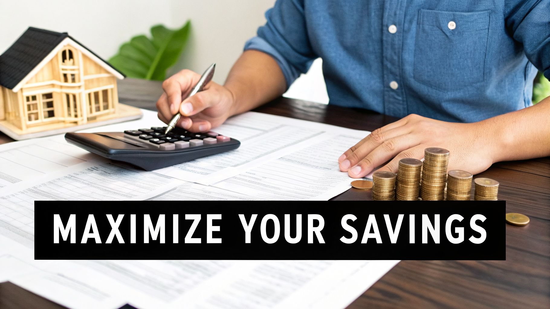 Person calculating finances with a house model, calculator, and coins, text 'MAXIMIZE YOUR SAVINGS'.