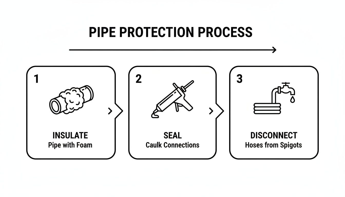 preventing frozen pipes in winter pipe protection A Homeowner's Guide to Preventing Frozen Pipes in Winter A few simple preventative steps are all it takes to avoid a catastrophic and expensive plumbing disaster during a harsh West Michigan winter. The main goals? Insulating vulnerable pipes, maintaining consistent indoor heat, and eliminating drafts near your water lines. A three-step pipe protection process to prevent freezing, showing insulation, sealing, and disconnecting hoses.