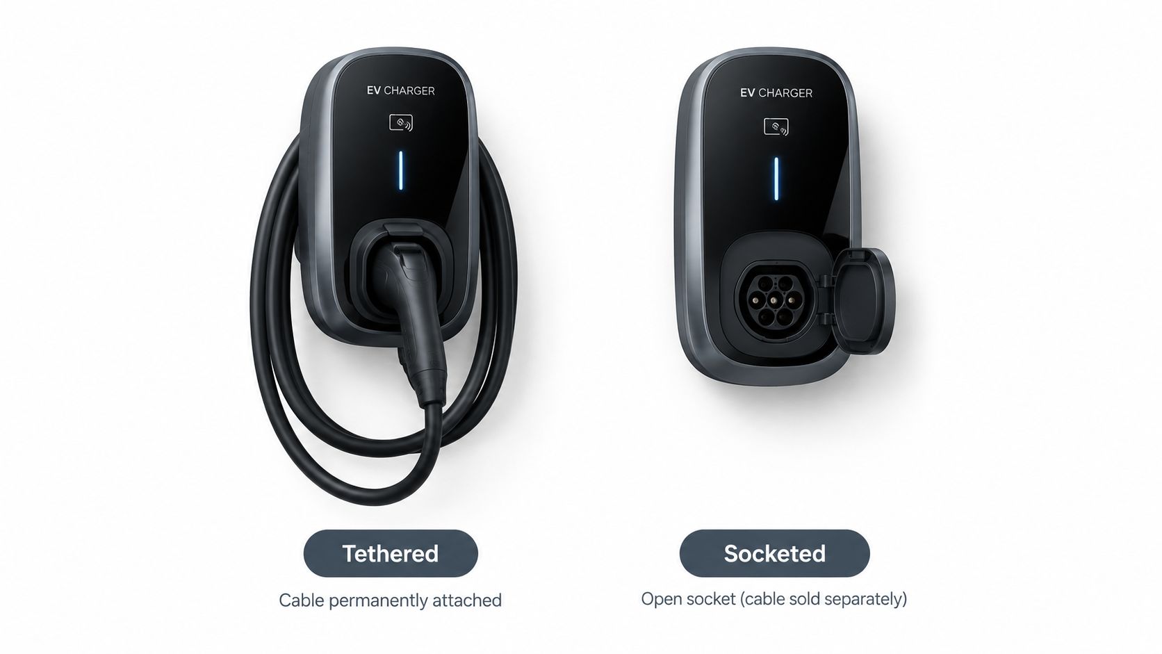 Two EV wall chargers shown side-by-side: one tethered with a permanent cable and one socketed version.