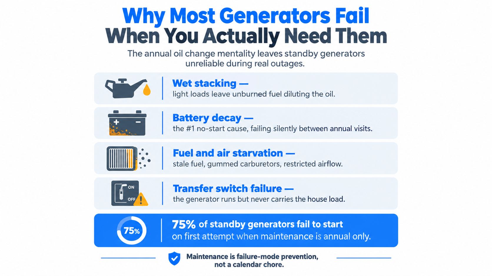 An infographic showing common reasons for standby generator failure, including wet stacking, battery decay, and maintenance neglect.
