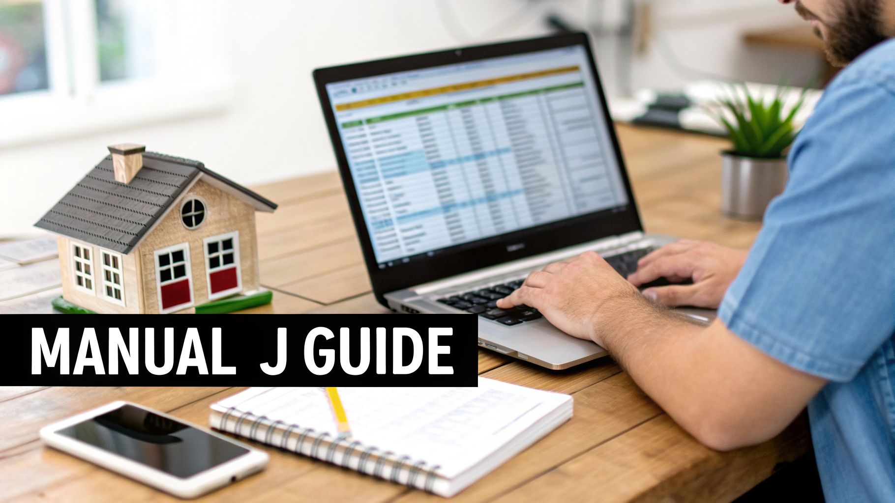 Man calculates HVAC load with a laptop, model house, and 'Manual J Guide' text overlay.