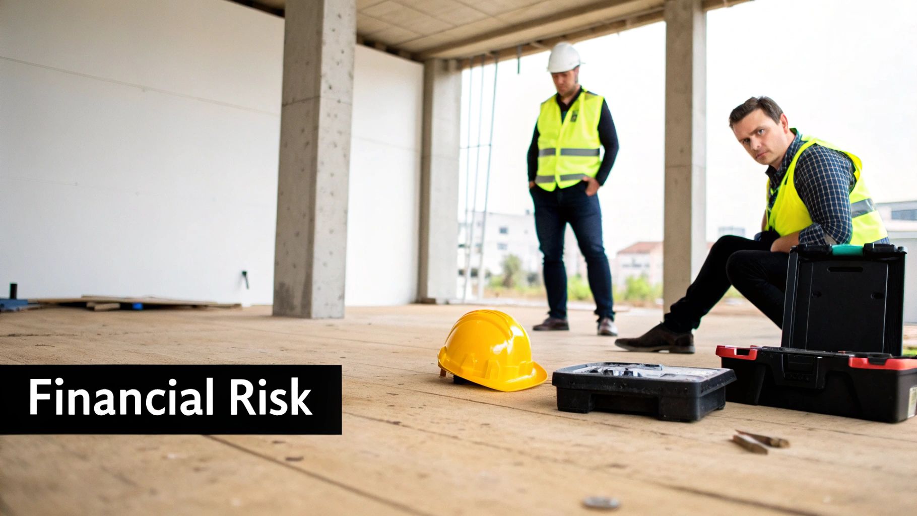 Two construction workers on a building site, one standing and one sitting near toolboxes and a yellow hard hat.