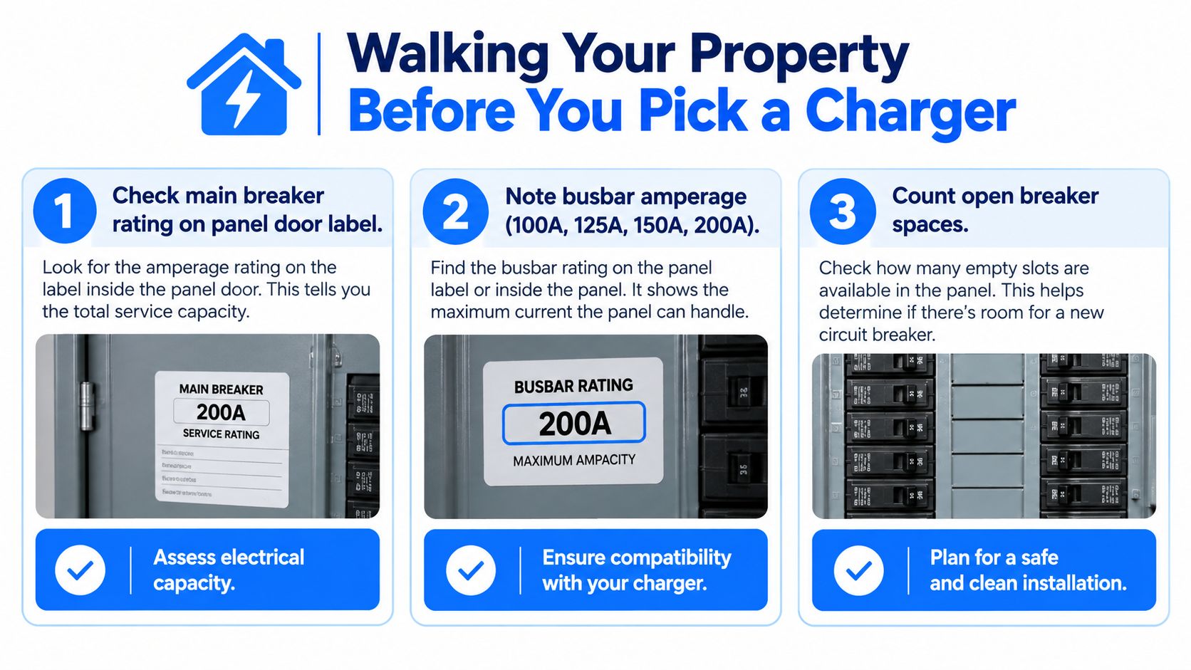 A guide illustrating how to inspect a home electrical panel before installing an electric vehicle charger.