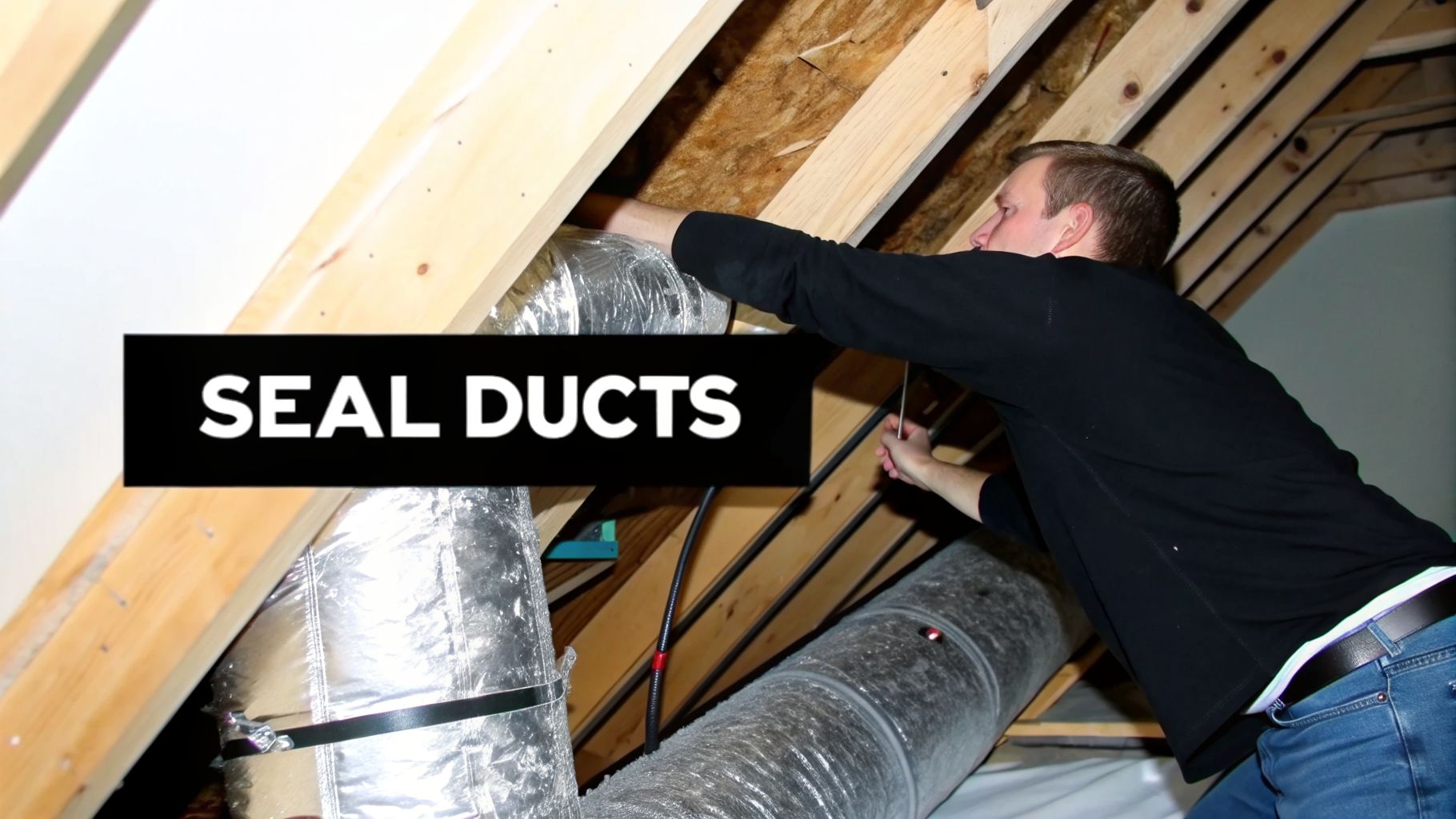 A man works in an attic, sealing silver insulated air ducts to improve HVAC efficiency.