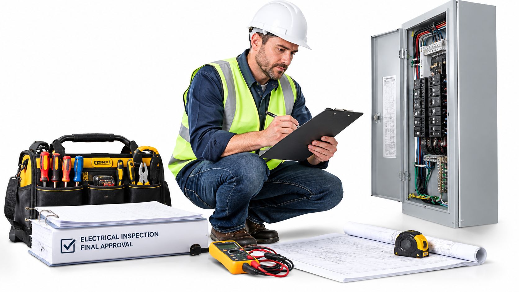 An electrician in safety gear inspecting an electrical panel while documenting details on a clipboard.