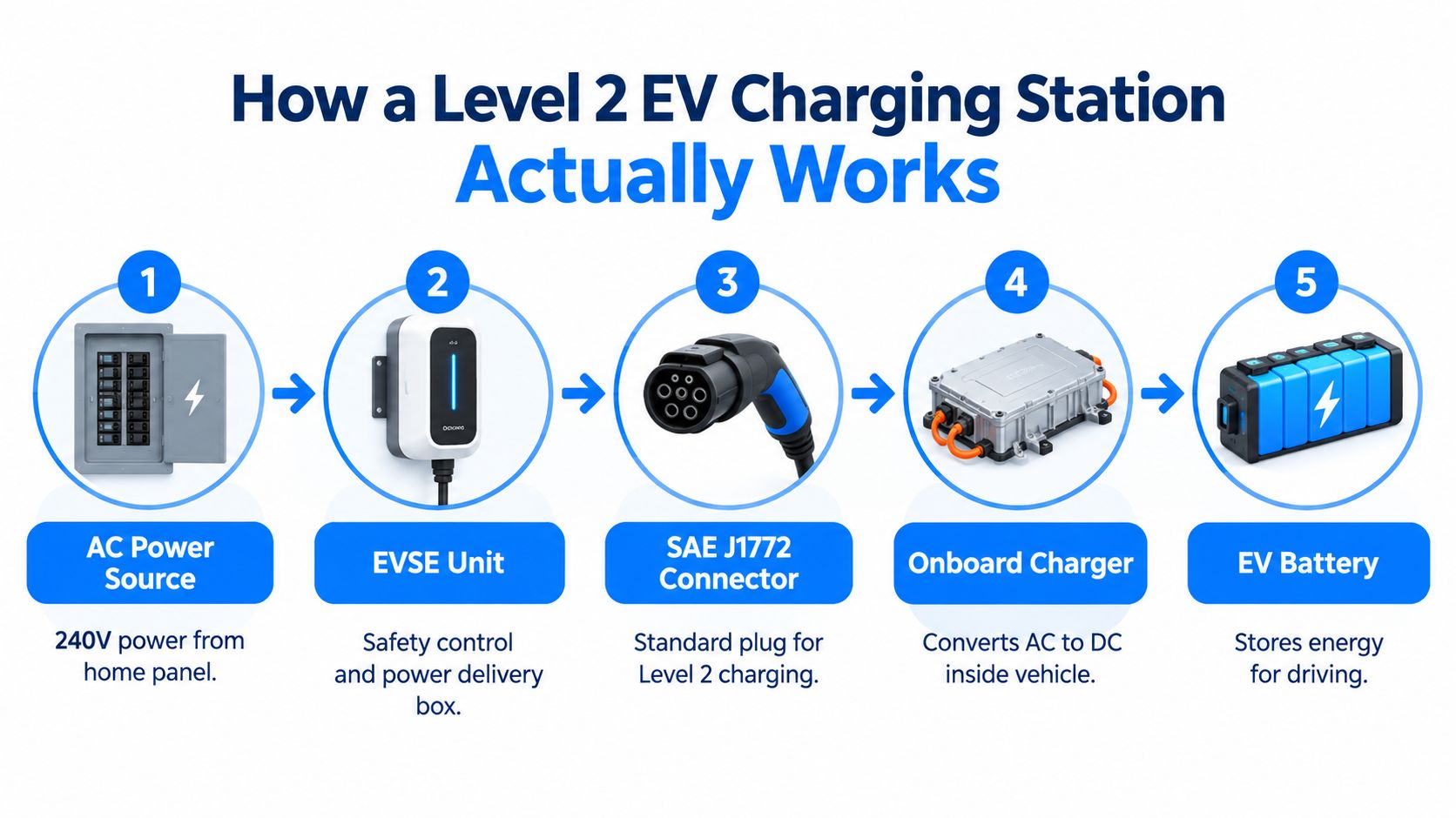 A diagram illustrating the five-step process of how a Level 2 EV charging station powers a vehicle.