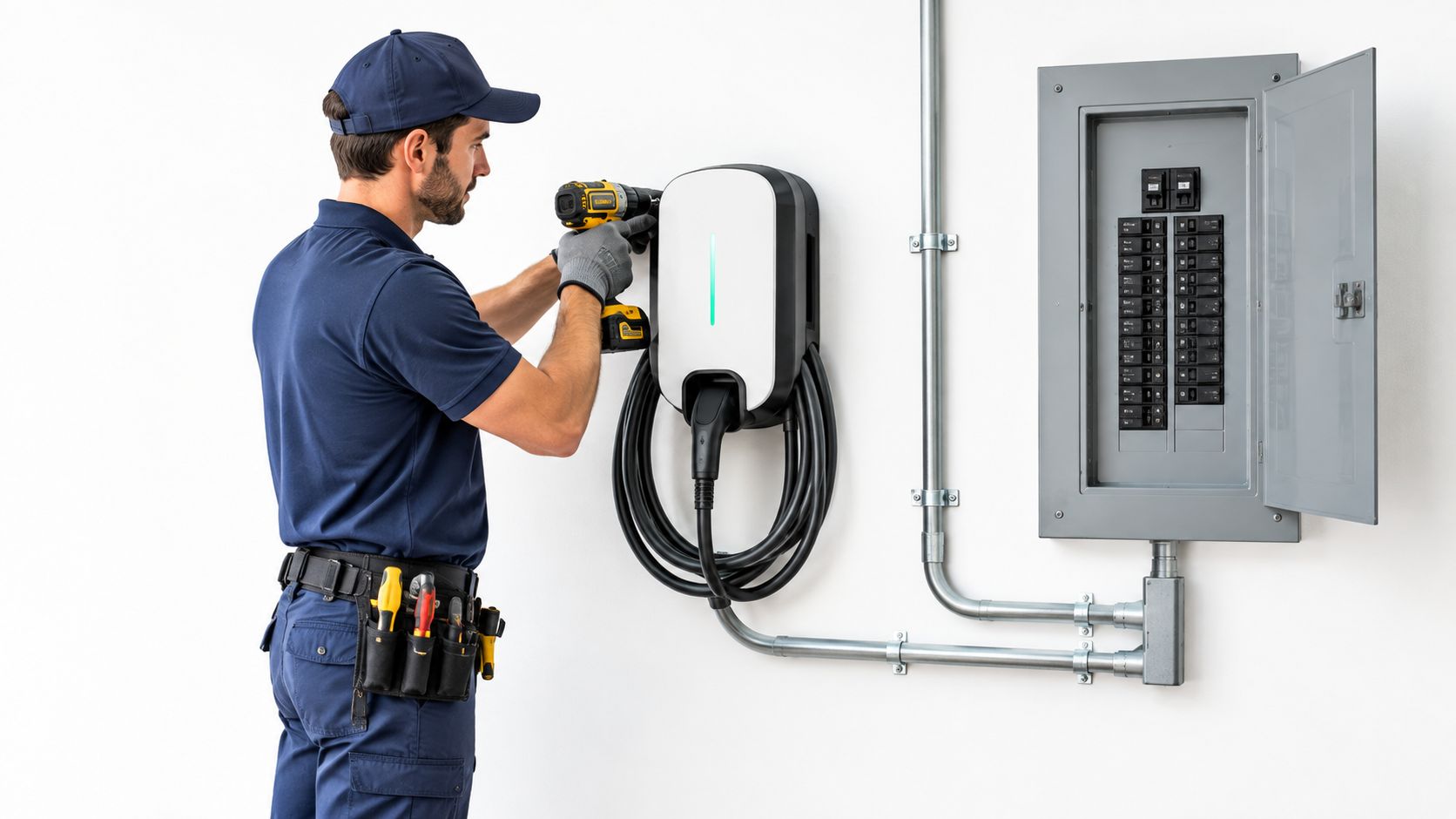 A professional electrician installing a wall-mounted level 2 EV charging station next to an electrical breaker panel.