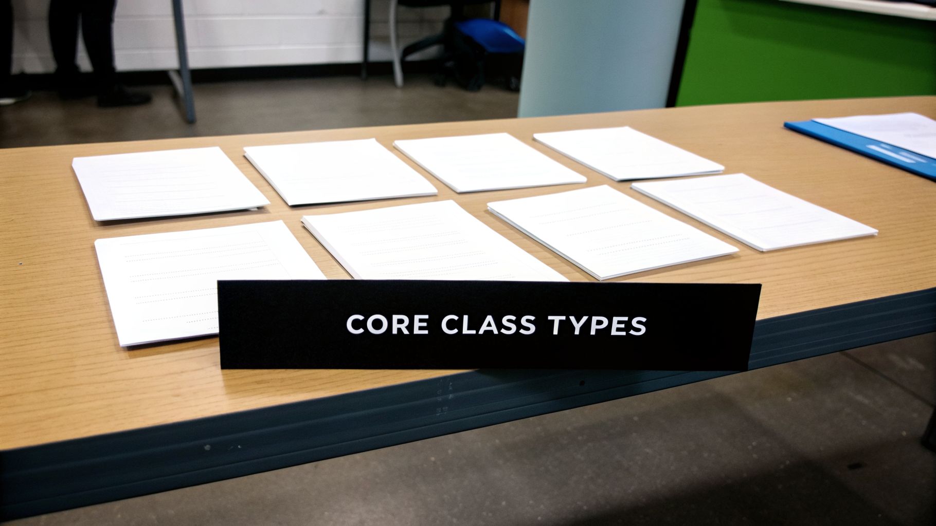 Eight stacks of lined paper on a wooden table, with a black sign stating 'CORE CLASS TYPES'.