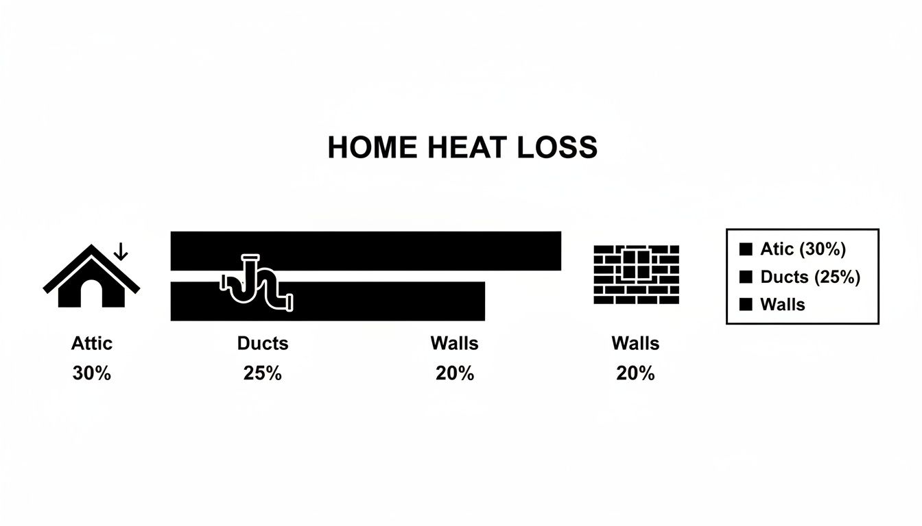 Infographic showing home heat loss distribution: Attic 30%, Ducts 25%, and Walls 20%.