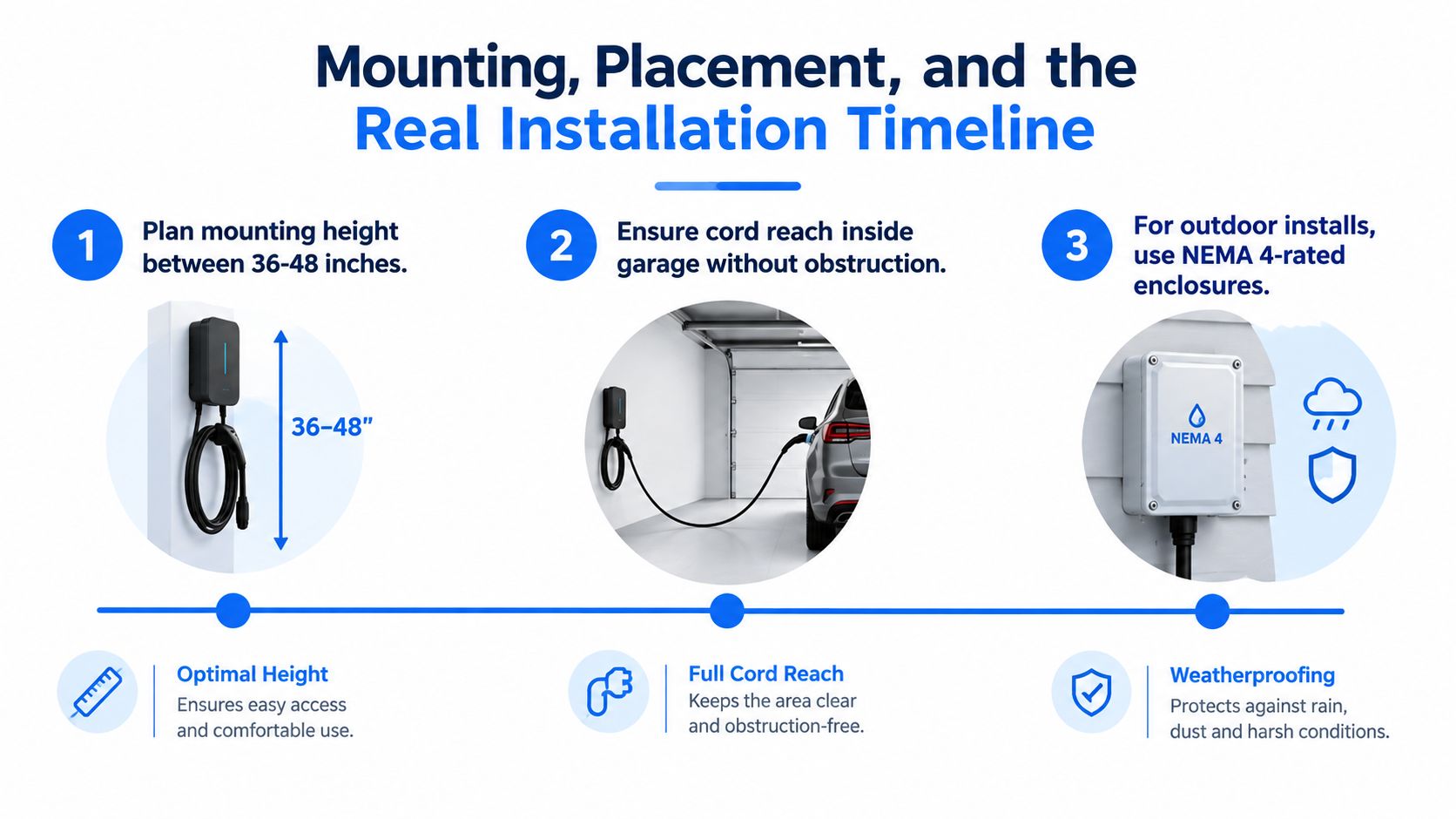 A visual guide for installing a home EV charger covering mounting height, cord placement, and outdoor weatherproofing requirements.