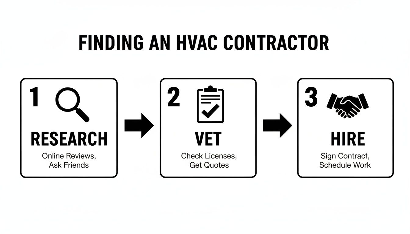 Flowchart outlining three essential steps for finding and hiring an HVAC contractor: research, vet, and hire.