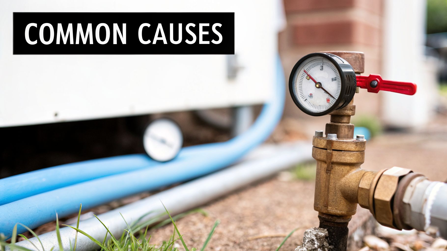 A close-up of a water pressure gauge with a red valve on a brass pipe, next to blue pipes, with text 'COMMON CAUSES'.