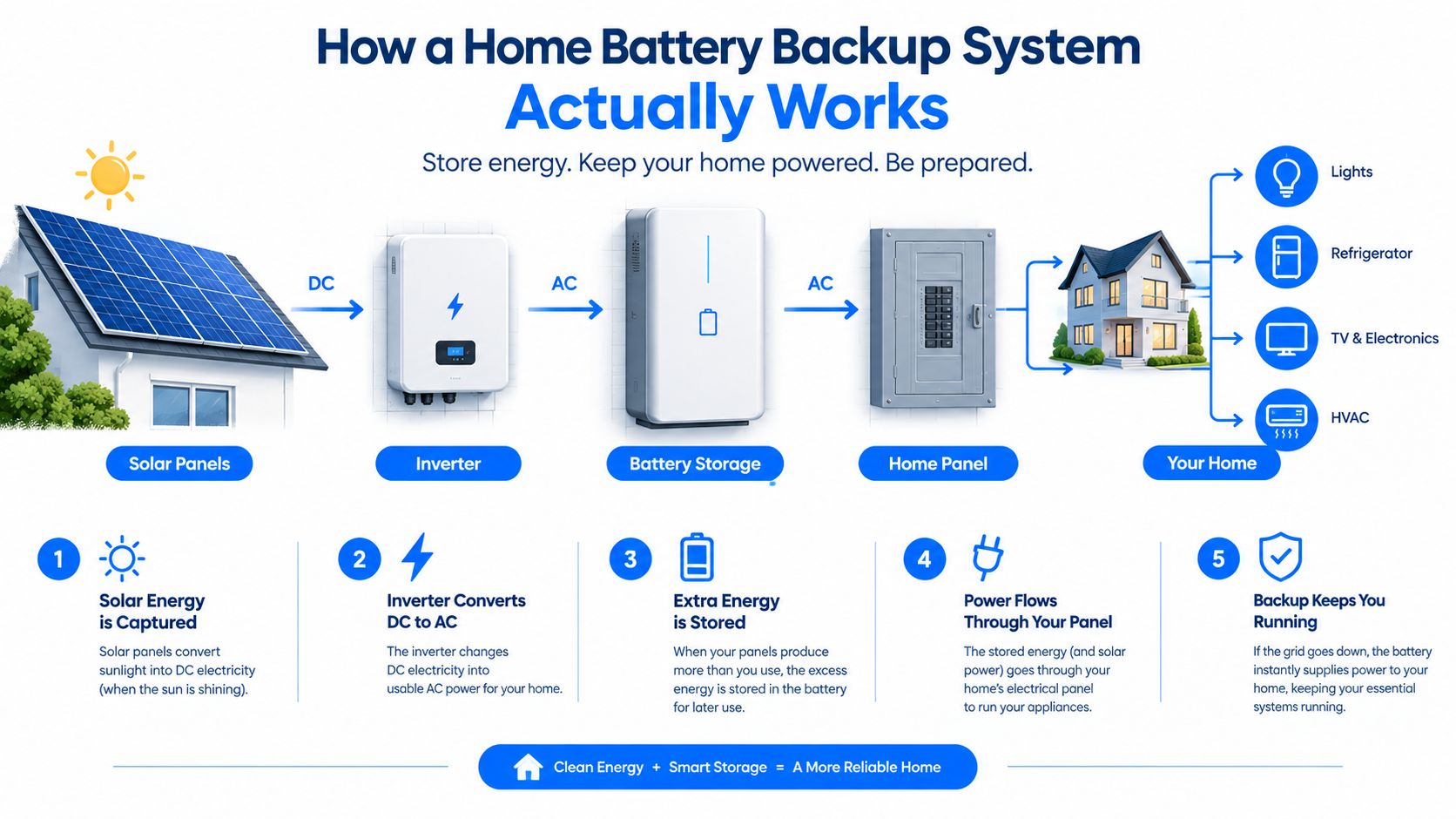 A diagram illustrating how a home solar panel system stores excess energy in batteries for backup power.