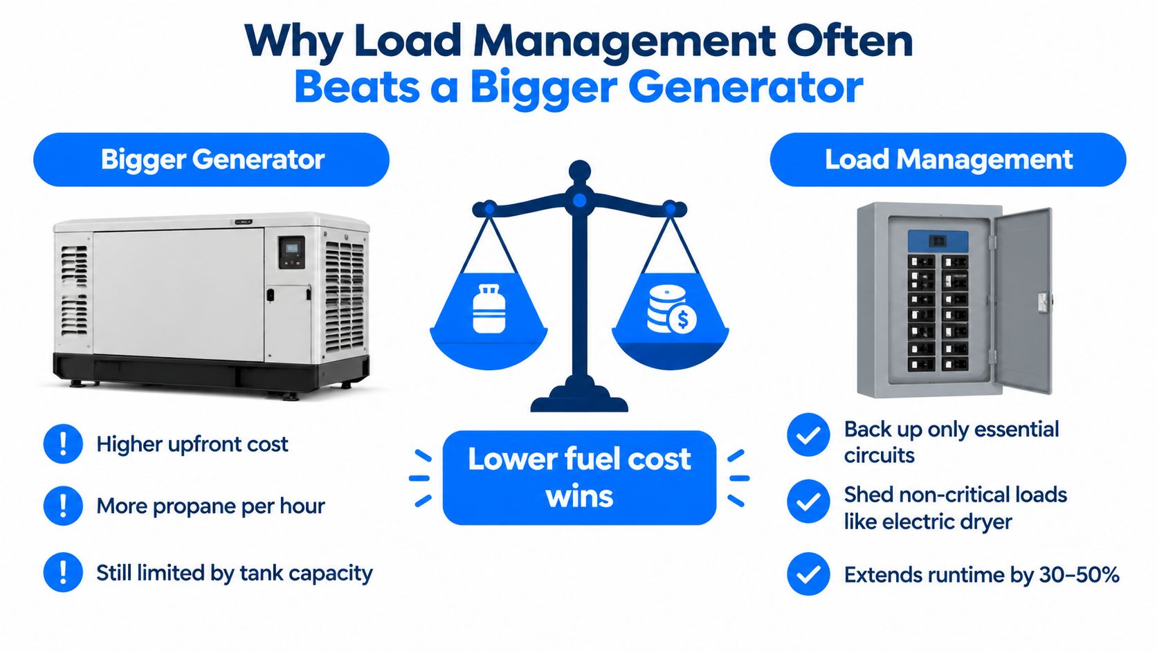An infographic comparing load management systems versus installing a larger propane generator for home backup power efficiency.