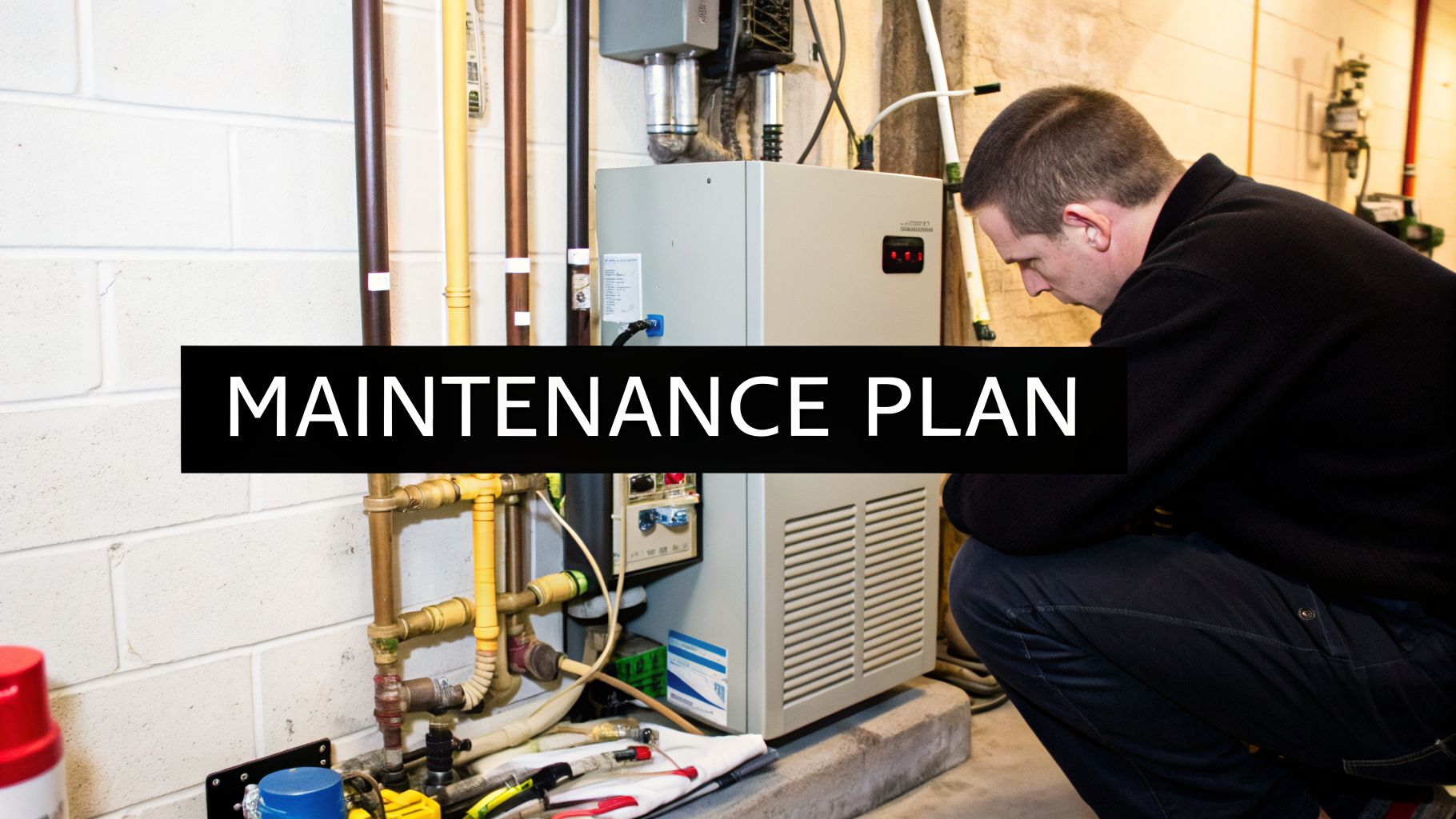 A technician kneels beside an HVAC unit in a utility room, examining it for a maintenance plan.