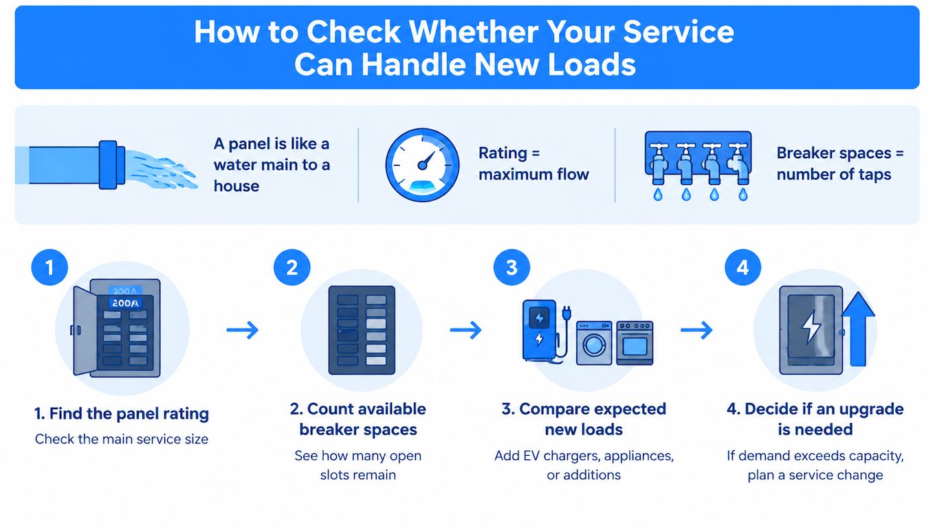 An infographic showing four steps to evaluate if your electrical panel can handle additional new home appliances.