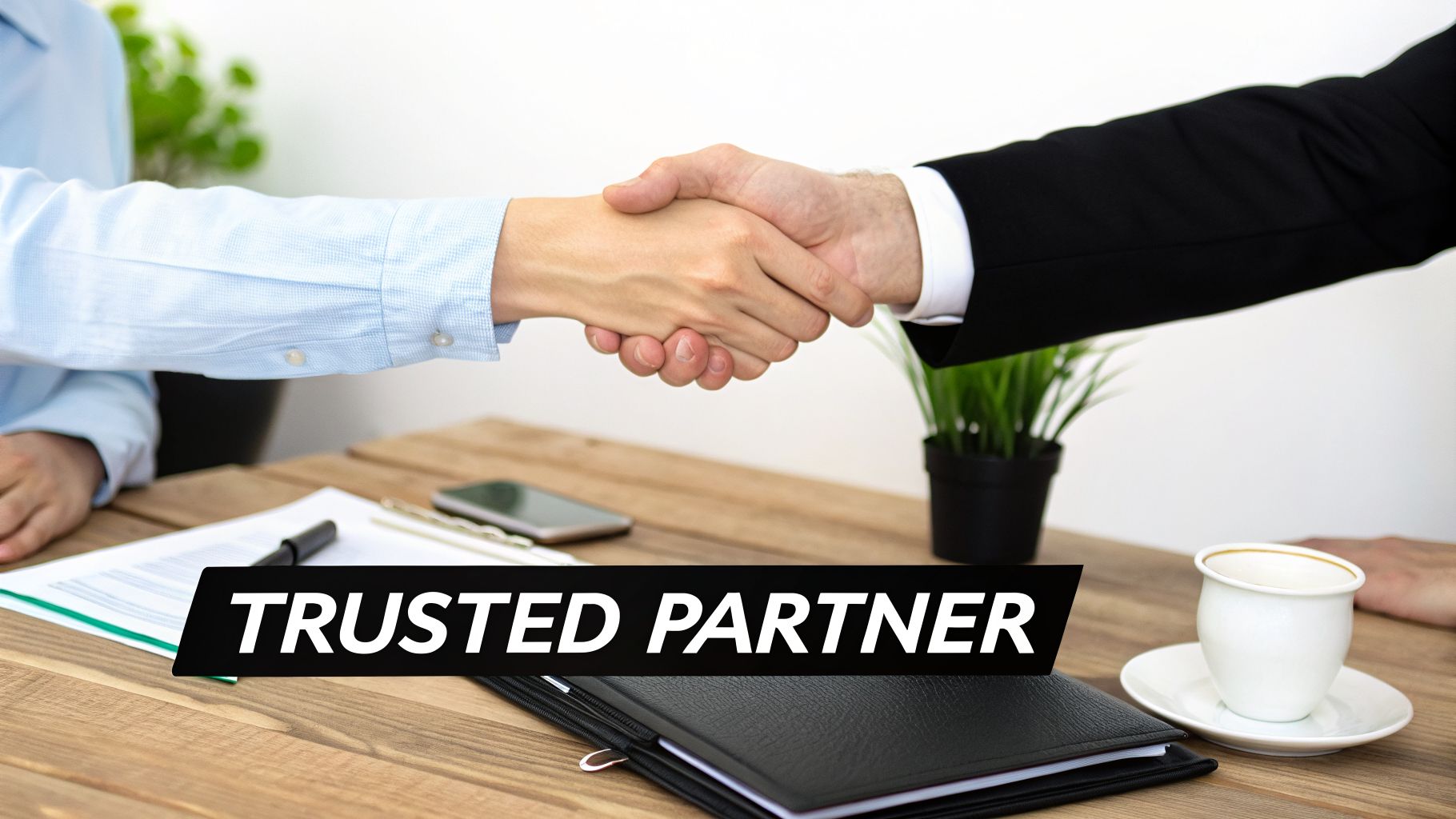 Two business professionals shake hands across a desk, symbolizing a trusted partnership and agreement.