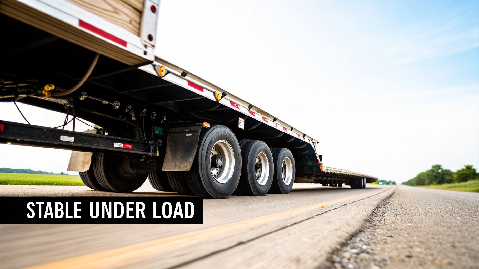 drop deck trailer specifications trailer A Guide to Drop Deck Trailer Specifications for 2026 On any busy jobsite, time is money. Every minute you spend wrestling with steep ramps or awkward tie-downs is a minute you're not earning. This is where certain drop deck trailer specifications stop being numbers on a page and start directly impacting your efficiency and, more importantly, your team's safety. The right features aren't just a luxury; they're essential for a profitable day's work. Rear view of a semi-trailer's multiple axles and tires on a highway, under a bright sky.
