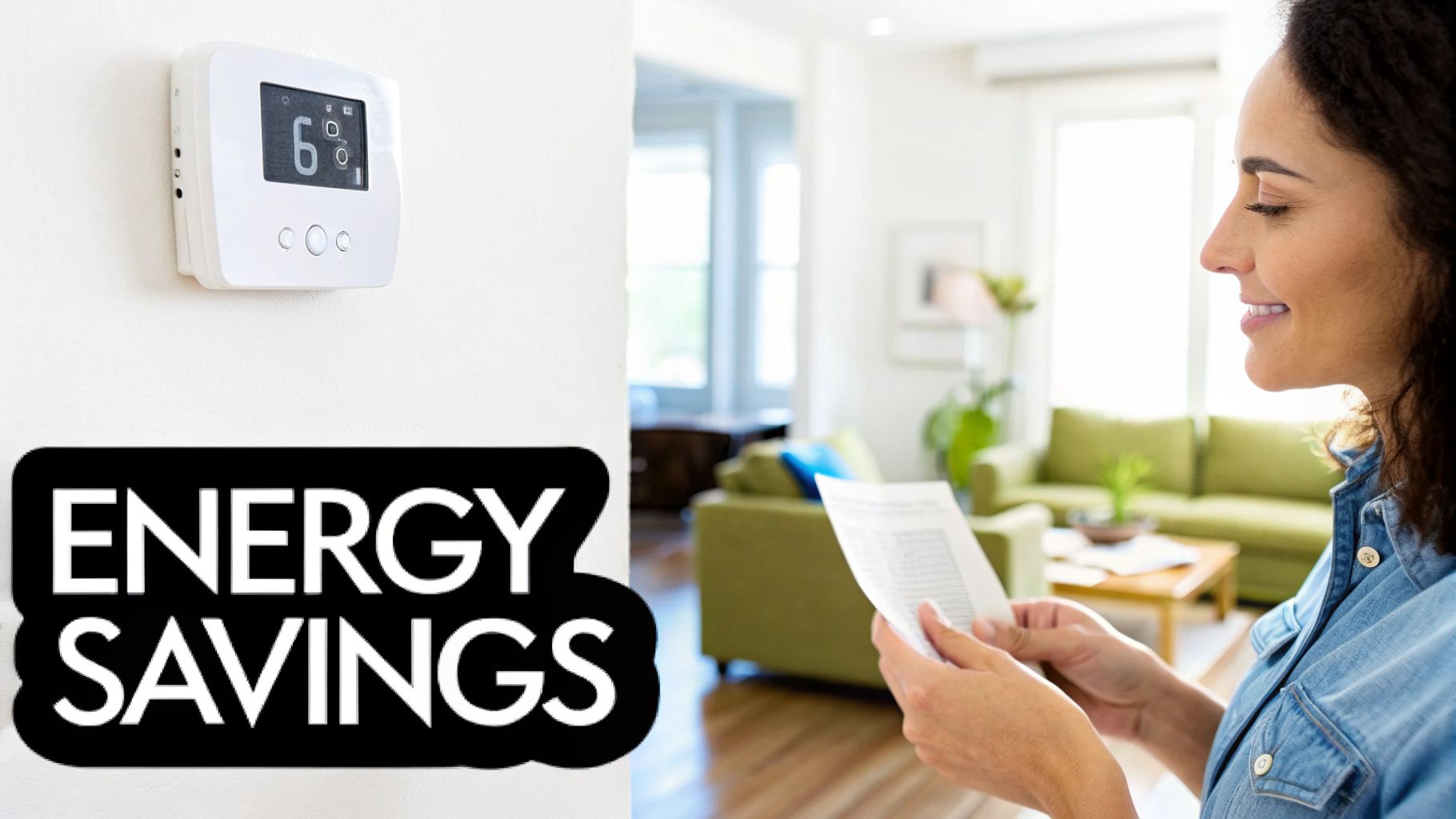 A smiling woman reads documents in a home, next to a thermostat displaying '6' and 'ENERGY SAVINGS' text.