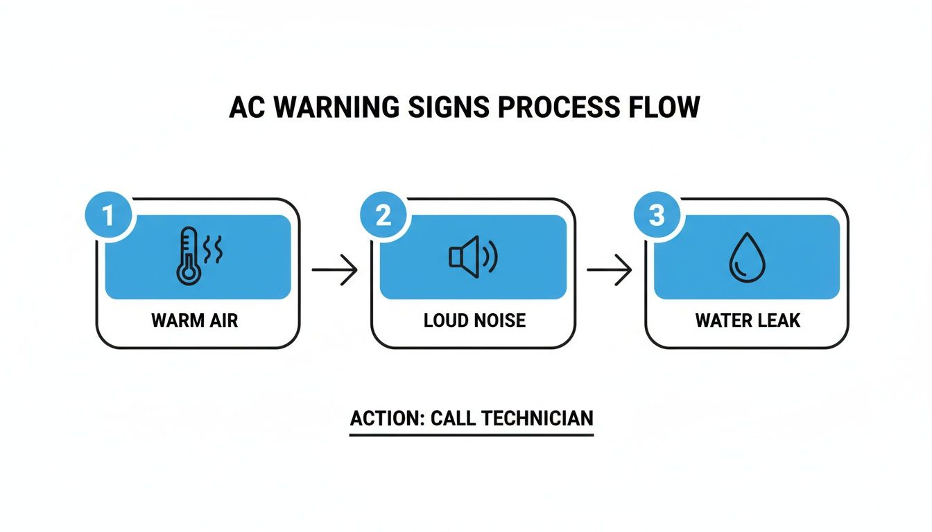 Infographic outlining AC warning signs: warm air, loud noise, and water leak, with action to call a technician.