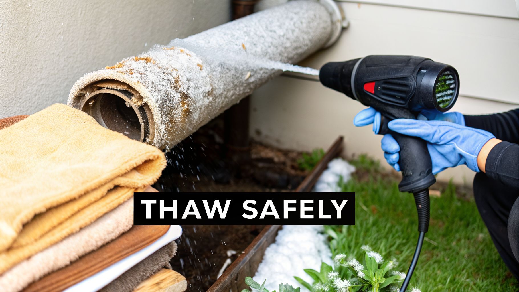 preventing frozen pipes in winter pipe thawing A Homeowner's Guide to Preventing Frozen Pipes in Winter A few simple preventative steps are all it takes to avoid a catastrophic and expensive plumbing disaster during a harsh West Michigan winter. The main goals? Insulating vulnerable pipes, maintaining consistent indoor heat, and eliminating drafts near your water lines. A person wearing blue gloves uses a heat gun to safely thaw a frozen pipe covered in ice and insulation, with towels nearby.