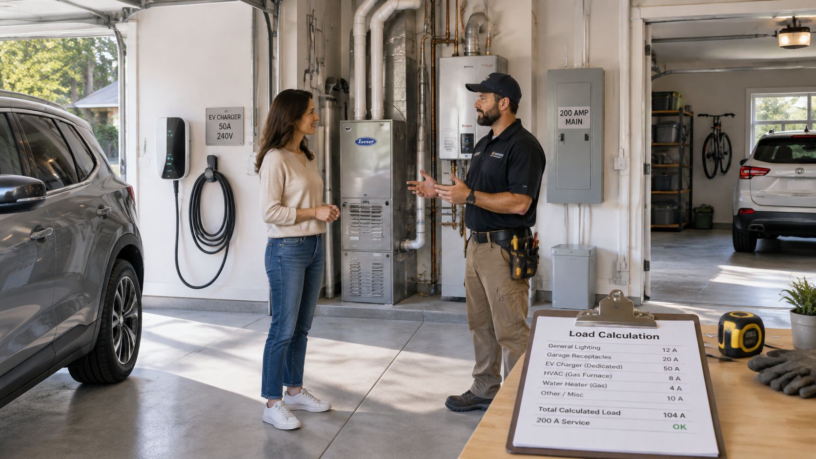 An electrician discusses electrical load calculations for a home EV charger installation with a homeowner in a garage.