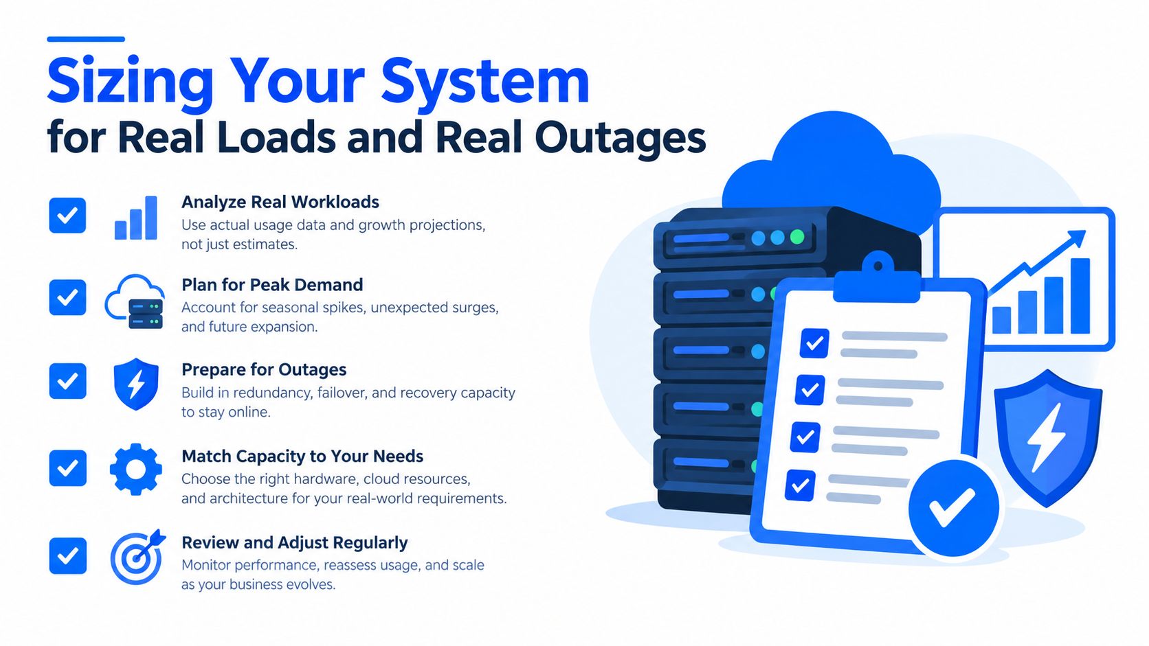 A graphic illustrating five essential steps for sizing a system, including workload analysis and outage preparation.