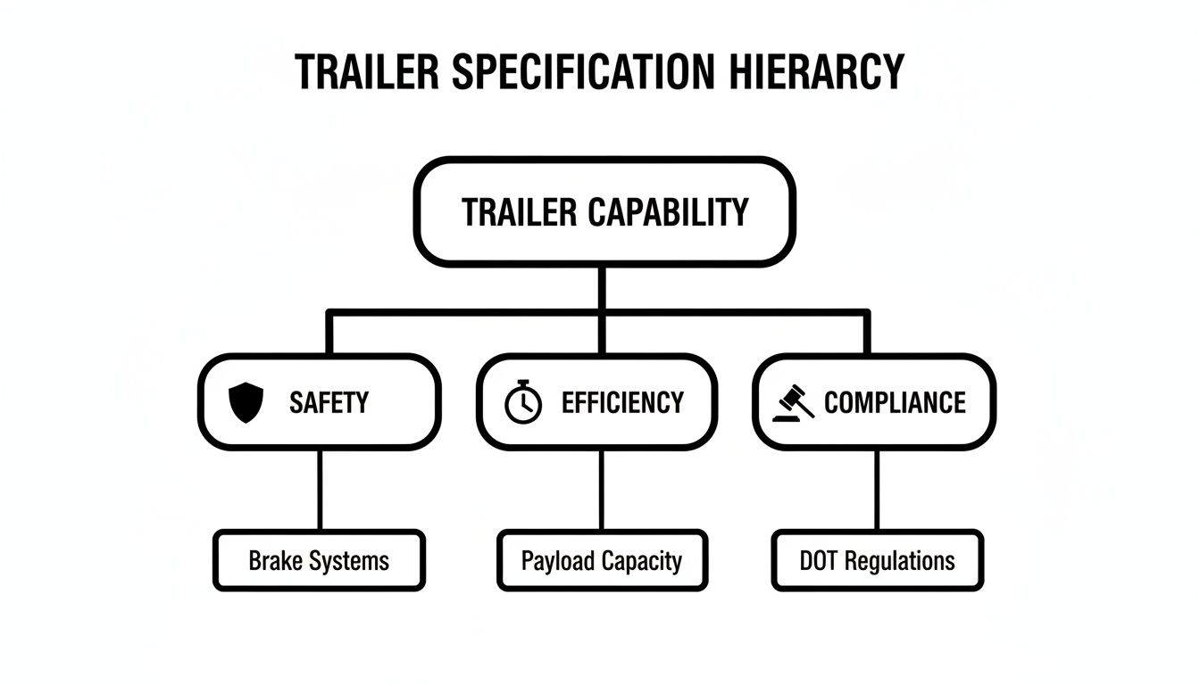 drop deck trailer specifications hierarchy A Guide to Drop Deck Trailer Specifications for 2026 On any busy jobsite, time is money. Every minute you spend wrestling with steep ramps or awkward tie-downs is a minute you're not earning. This is where certain drop deck trailer specifications stop being numbers on a page and start directly impacting your efficiency and, more importantly, your team's safety. The right features aren't just a luxury; they're essential for a profitable day's work. A diagram illustrates the Trailer Specification Hierarchy, including Capability, Safety, Efficiency, and Compliance details.