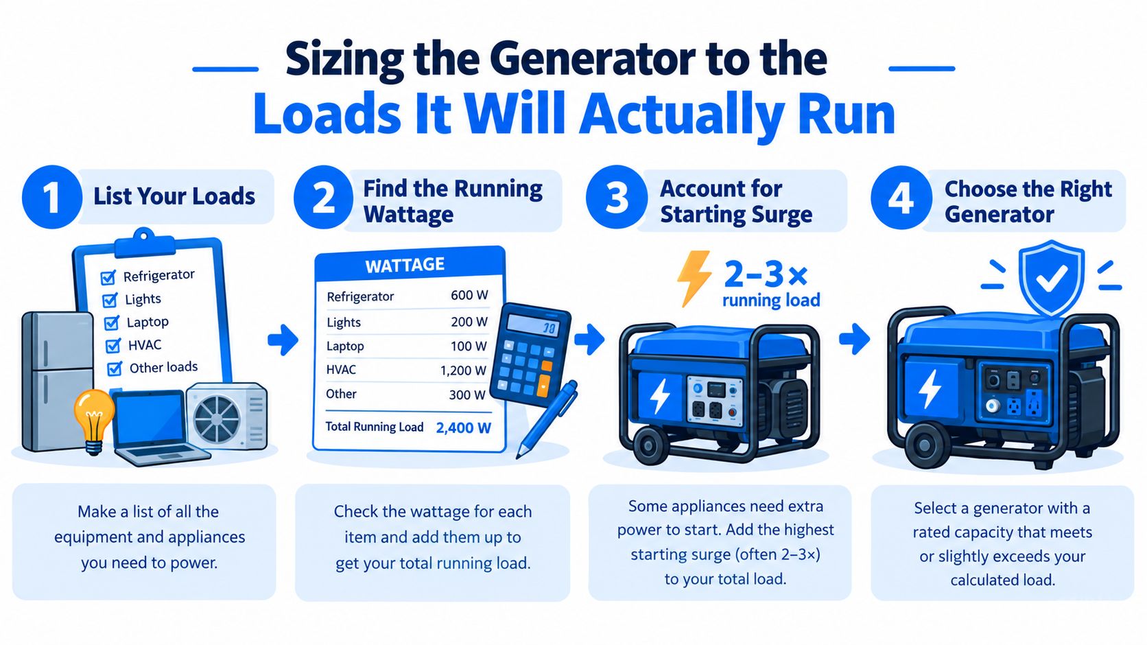 A four-step infographic illustrating how to correctly size a generator based on appliance wattage and starting surge requirements.