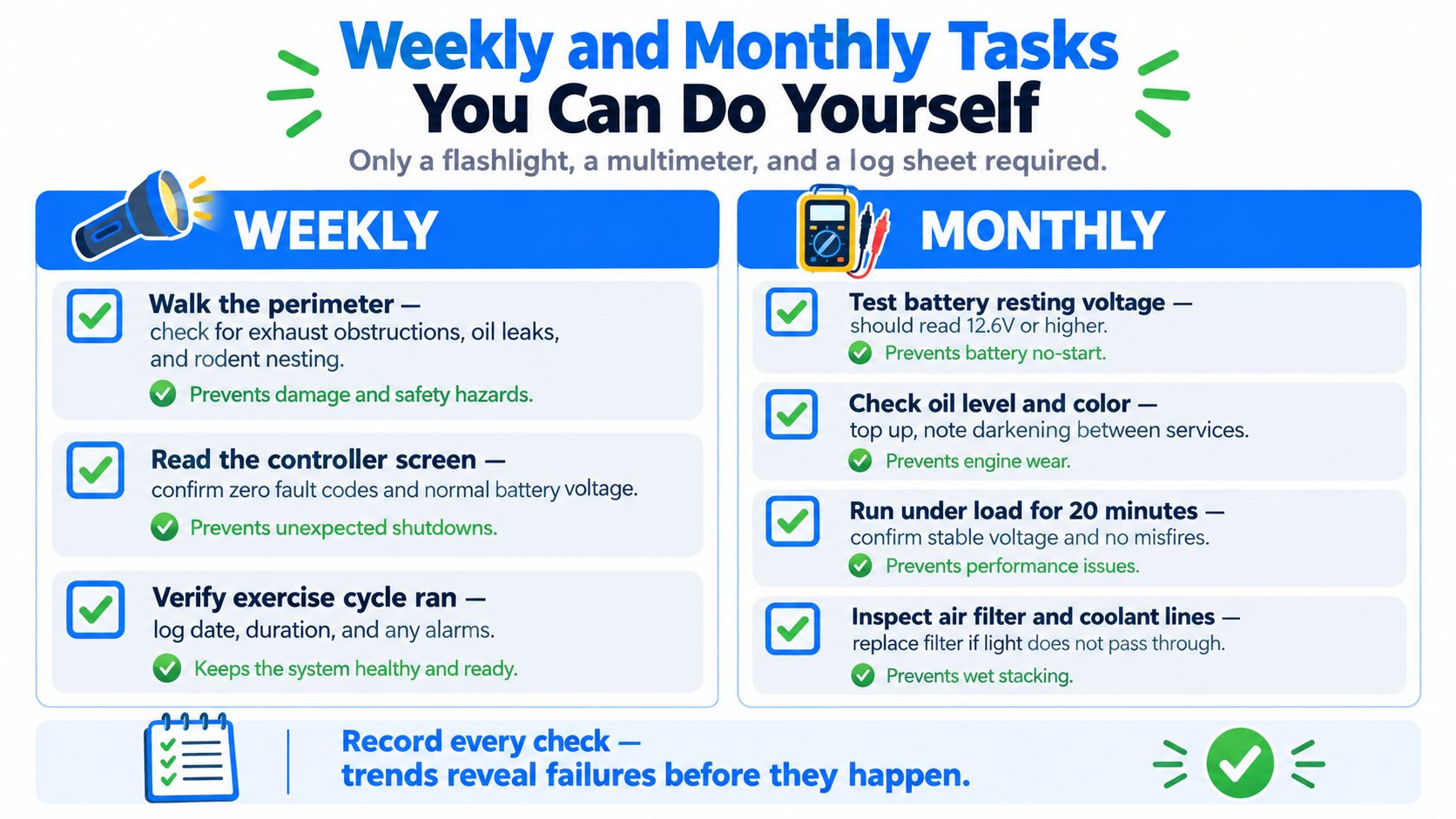 An infographic titled Weekly and Monthly Tasks You Can Do Yourself for whole house generator maintenance.