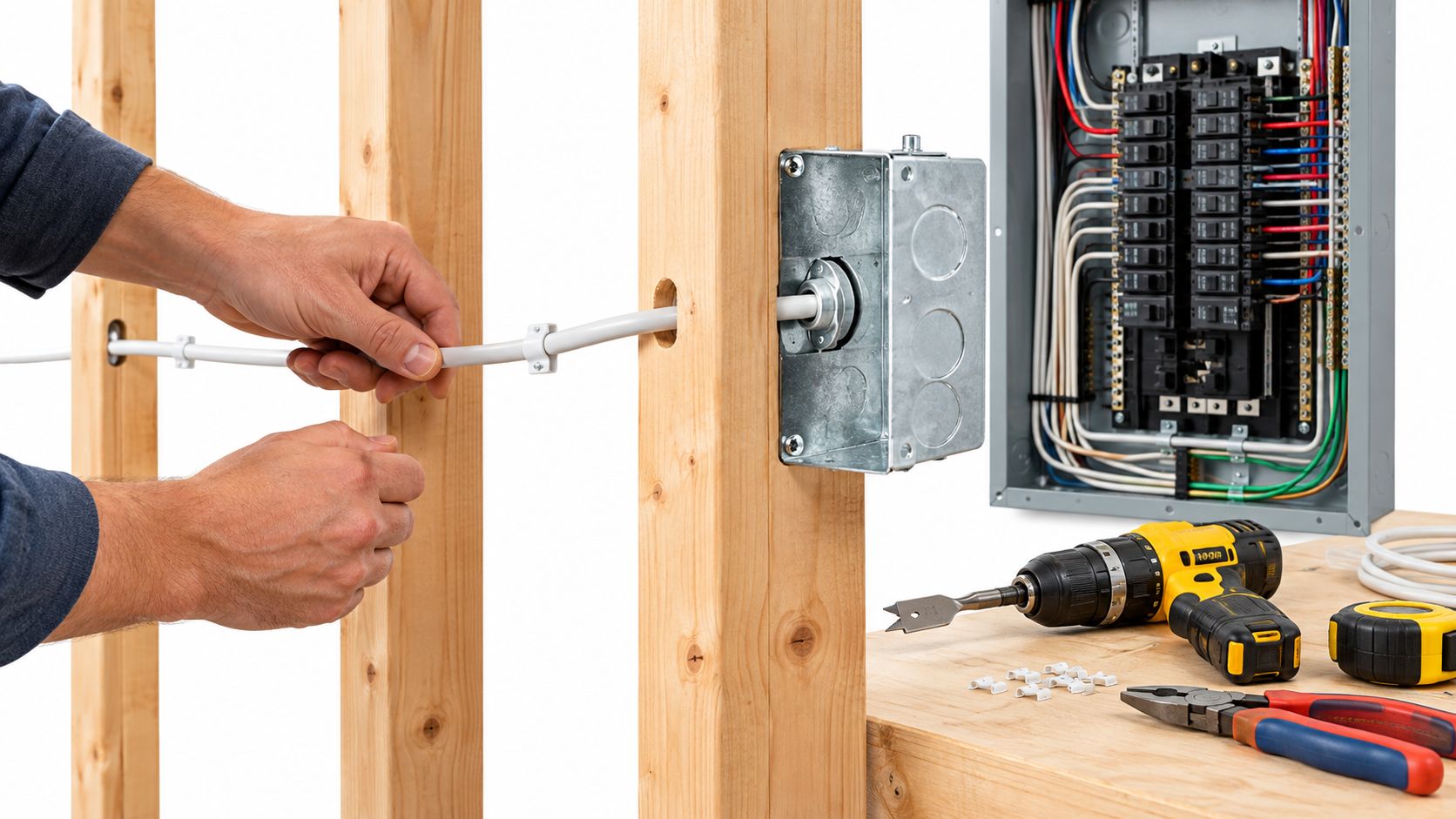 A electrician installs electrical wiring through wooden studs connected to a home circuit breaker panel box.