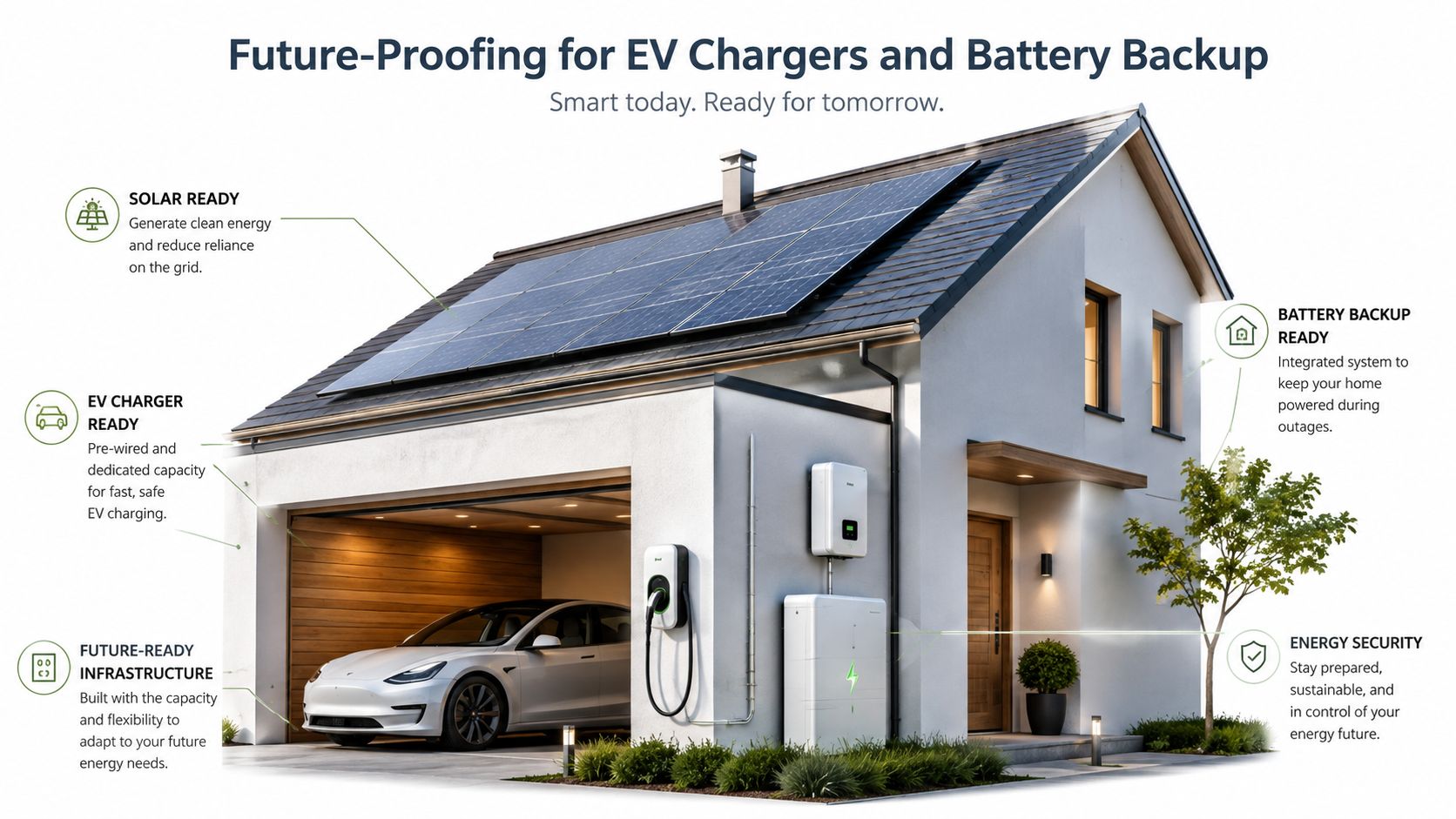 A modern home equipped with solar panels, battery storage, and an EV charger for sustainable energy management.
