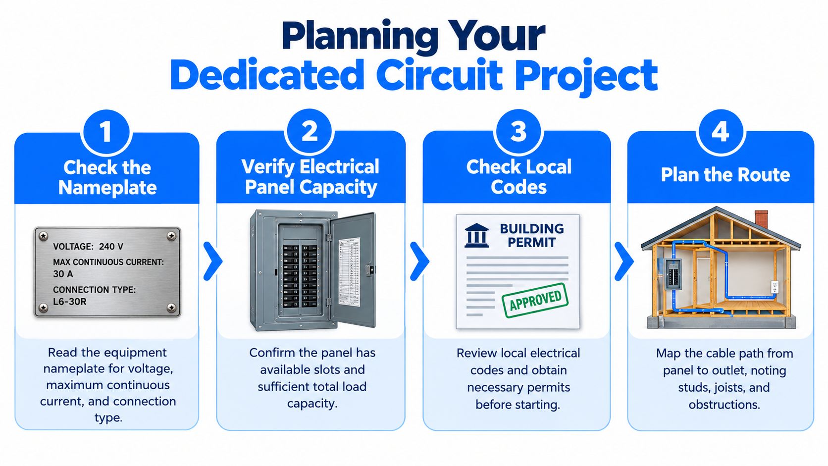 An infographic showing four steps for planning a dedicated circuit installation, from checking equipment to mapping routes.