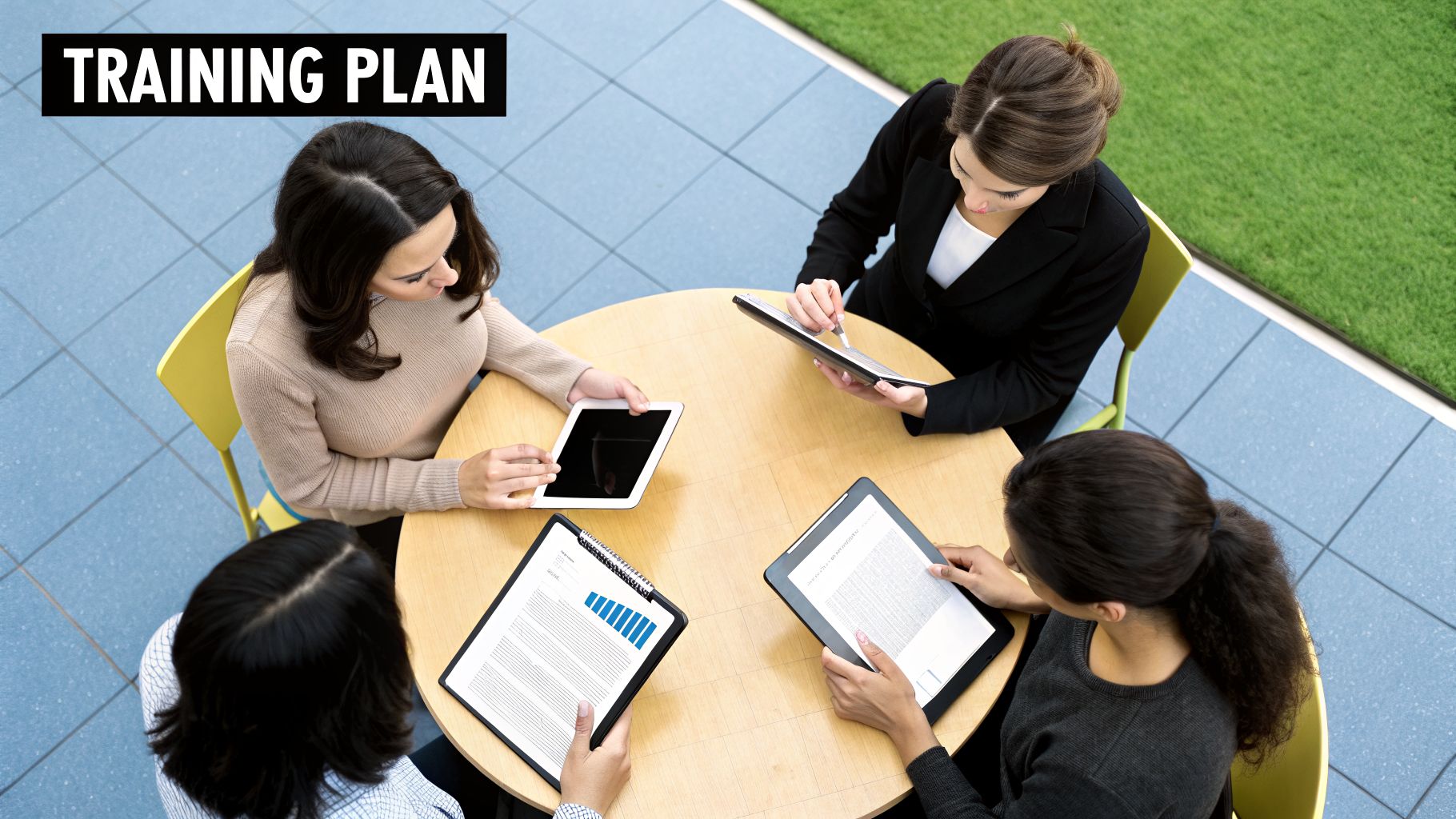 Four professional women are engaged in a training plan, working together at a round table.