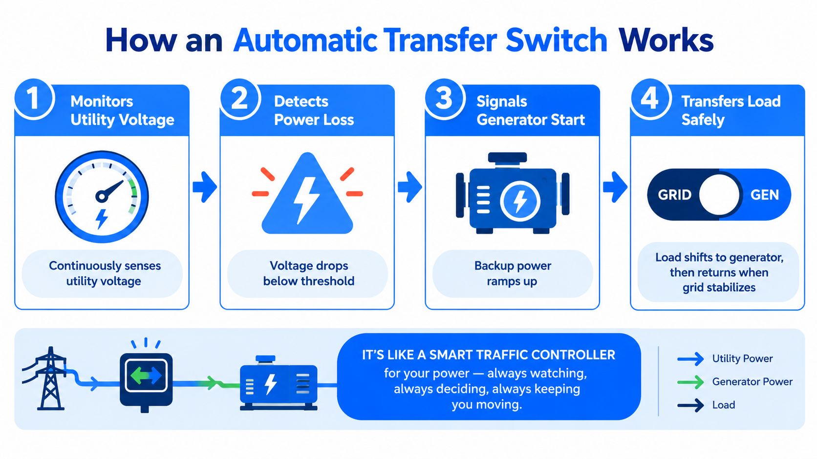 A diagram illustrating the four steps of how an automatic transfer switch works during power outages.