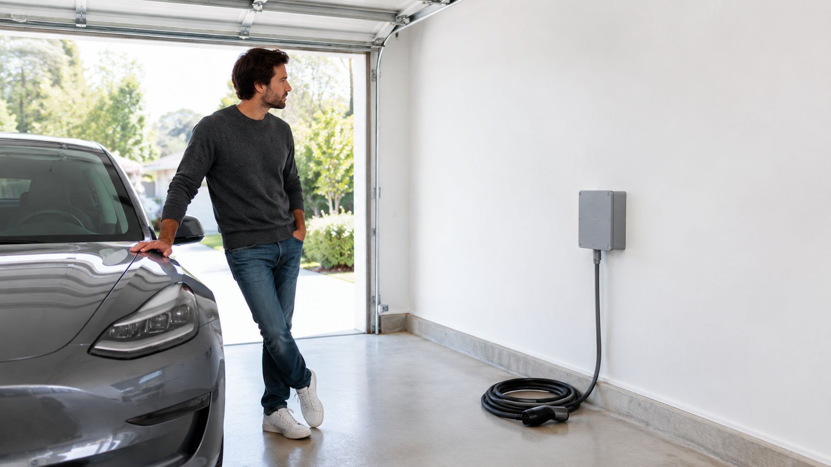 A man leaning against his electric vehicle in a garage next to a wall-mounted charging station.