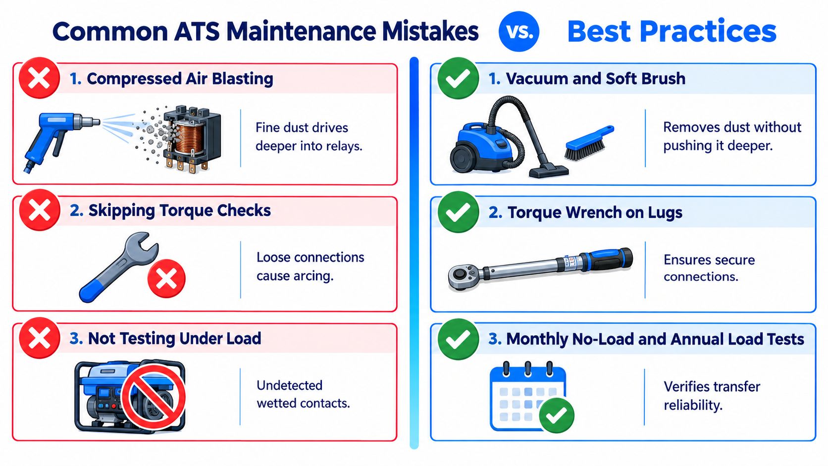 A side-by-side comparison chart showing three common ATS maintenance mistakes versus recommended professional best practices.