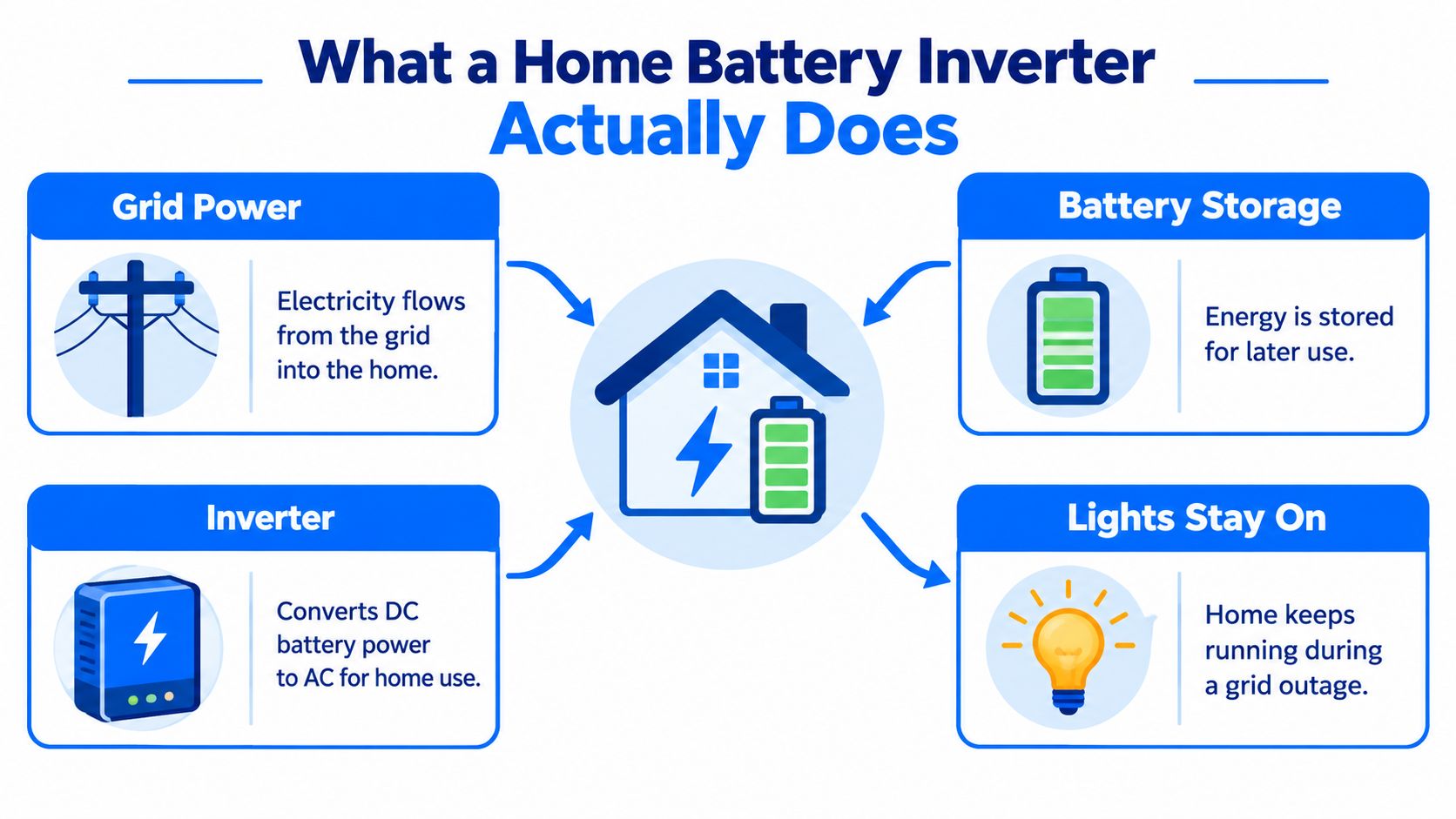 An infographic illustrating how a home battery inverter enables electricity storage and maintains power during grid outages.