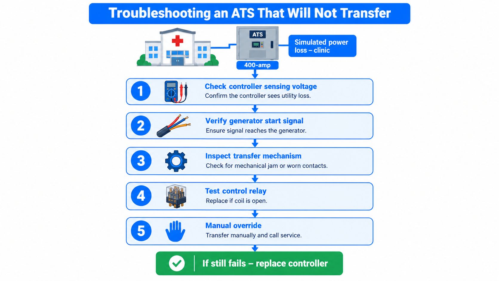 A five-step troubleshooting flowchart for diagnosing and fixing an automatic transfer switch that fails to transfer.