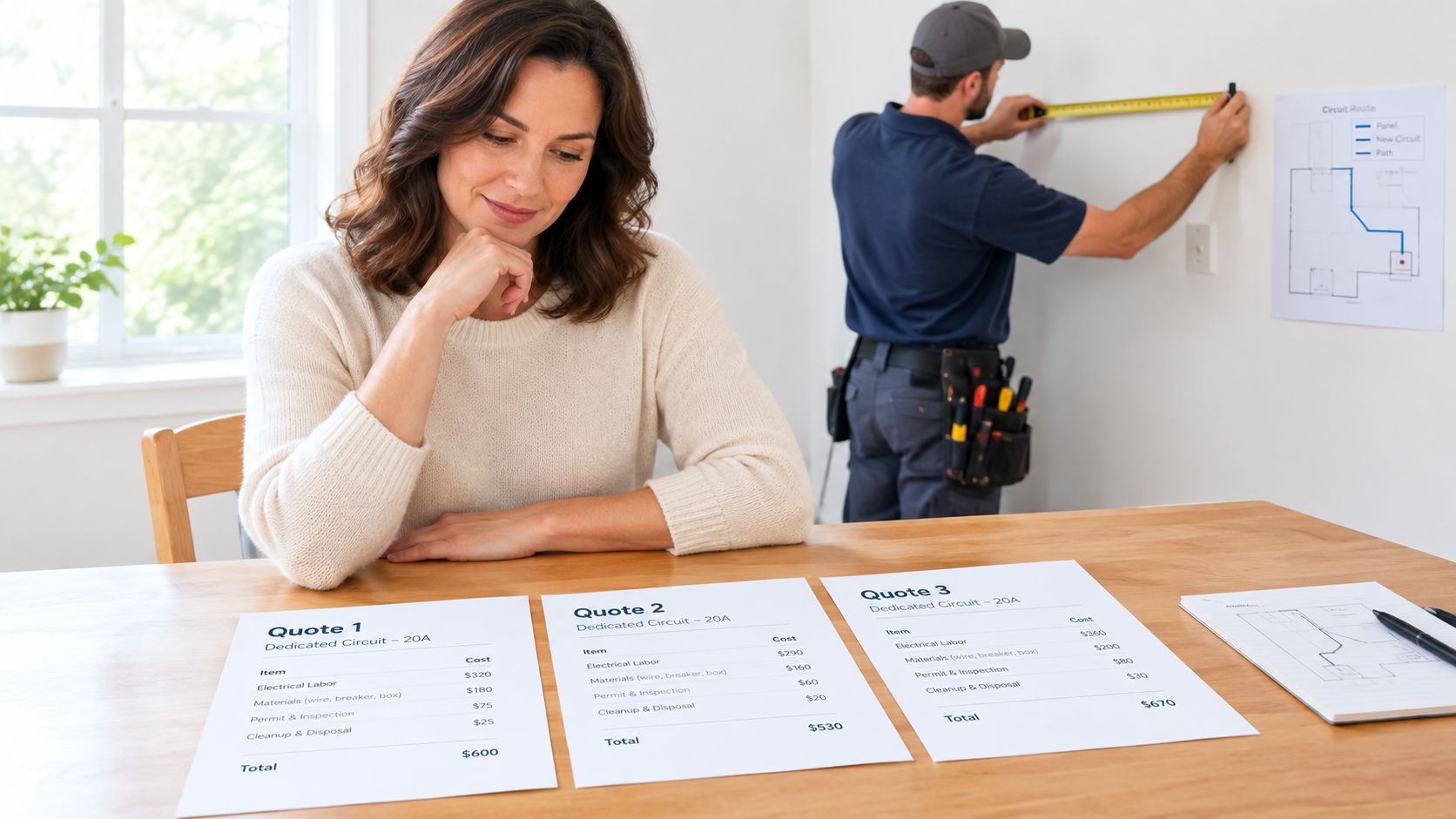 A woman reviewing electrical quotes on a table while a professional electrician measures the wall nearby.
