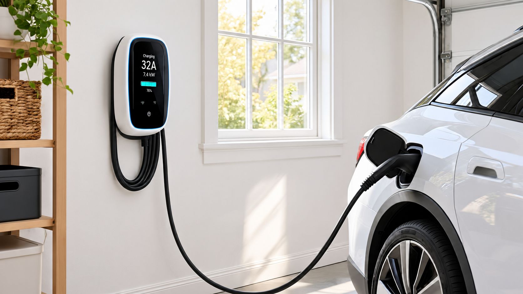 A modern electric vehicle charging at home using a wall-mounted level 2 EV charger in a garage.