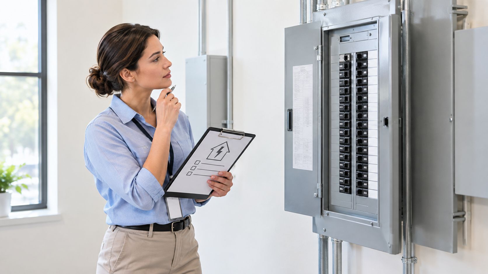 A professional female electrician inspecting an electrical panel while taking notes on a clipboard in a building.