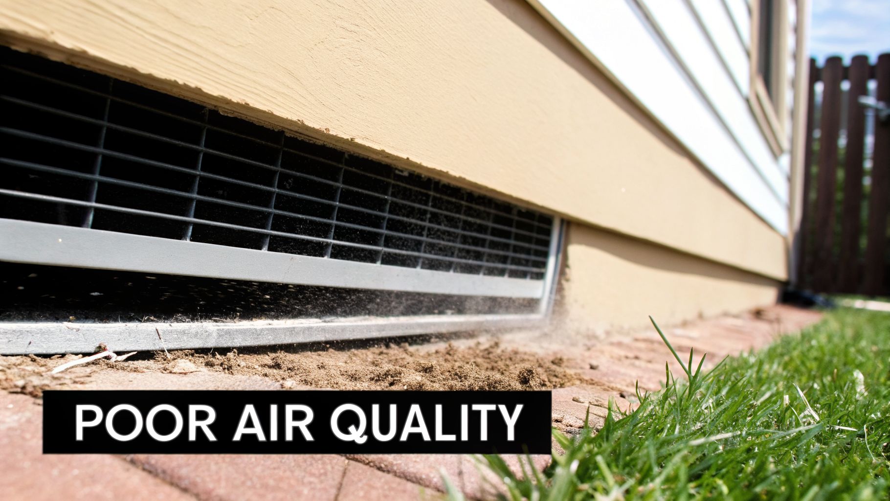 Close-up of a dirty and dusty house vent near the building's foundation, indicating poor air quality.
