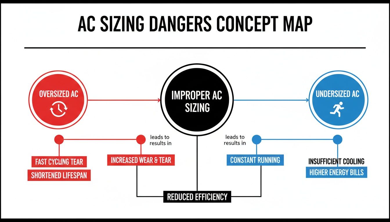 A concept map showing the dangers of improper AC sizing, distinguishing between oversized and undersized AC units.